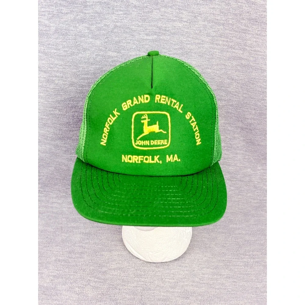 VTG John Deere Trucker Hat Norfolk Grand Rental Station Mens Green Snapback USA
